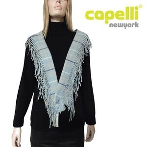 Capelli New York Blue & Beige Fringe Scarf Shawl Wrap Super Soft Made in Italy